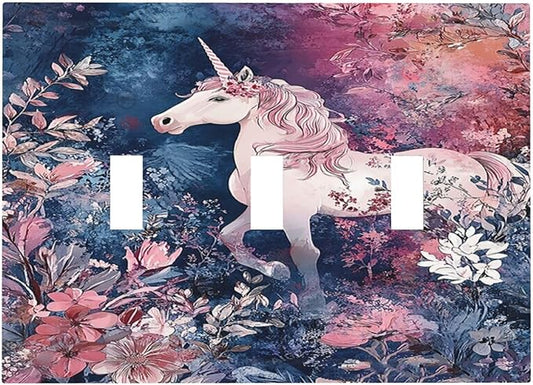 Decorative Light Switch Cover Plate Fantastic Pink Unicorn Wildflower Forest 3 Gang Wall Plate Triple Toggle Switch Plate Covers Electrical Outlet Cover for Bedroom Kids room Decor