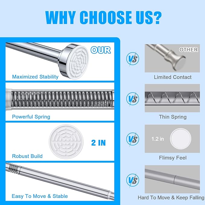 TEECK Shower Curtain Rod, 32-104 inch Adjustable Spring Tension Curtain Rod, Never Rust Anti-Slip Shower Curtain Rod for Bathroom, No Drilling, Never Collapse, Easy to Use, Silver