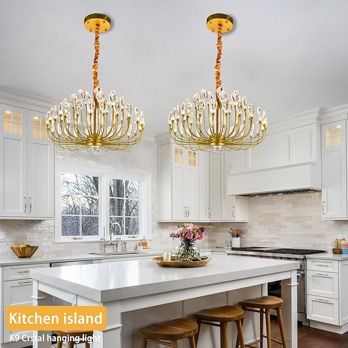 Crystal Gold Chandelier Modern Round Ceiling Pendant Light Fixture Led Tree Branch Chandeliers for Living Room Dining Room Kitchen Bedroom Hotel