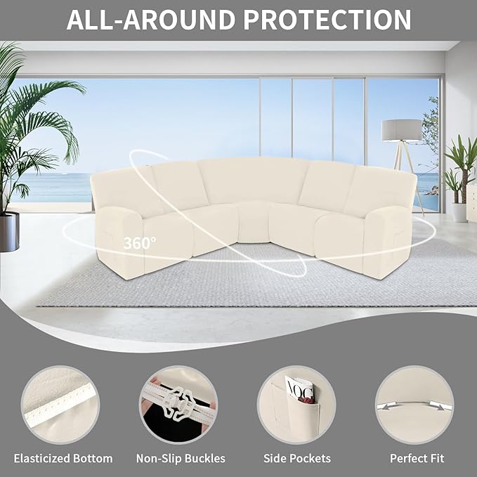 Easy-Going 100% Waterproof Recliner Cover, Stretch Couch Covers for Reclining Couches, Extra Large Sectional Sofa Slipcover, L-Shape Furniture Protector for Kids & Pets, 5 Seater, Beige