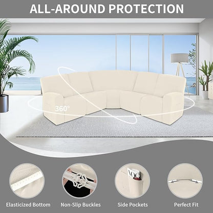 Easy-Going 100% Waterproof Recliner Cover, Stretch Couch Covers for Reclining Couches, Extra Large Sectional Sofa Slipcover, L-Shape Furniture Protector for Kids & Pets, 5 Seater, Beige