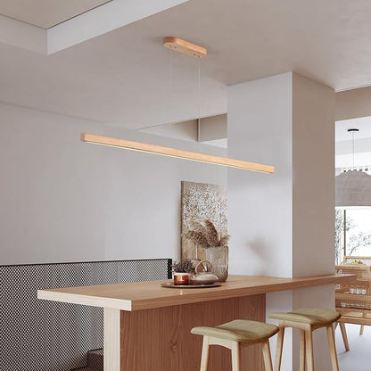 59" Wood Linear Pendant Light Fixtures Led Dining Room Chandelier Linear Kitchen Island Hanging Lights Dimmable Modern Pendant Light for Dining Room Kitchen Island Pool Table Lights Natural
