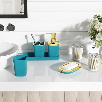 Bathroom Set - Teal Blue Bathroom Accessories Set, Bathroom Sets with Shower Curtain and Rugs, Teal Blue Shower Curtain Set with Bathroom Trash Can, Soap Dispenser, Soap Dish for Home Decor