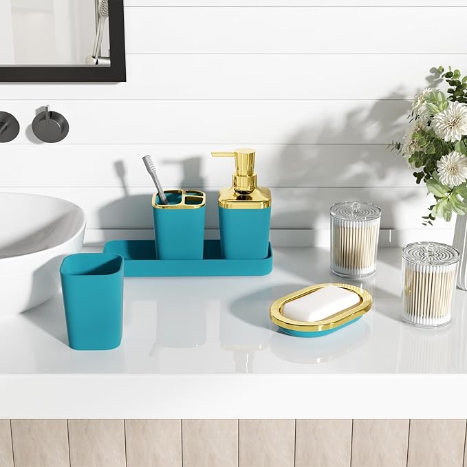 Bathroom Accessories Set - 25PC Bathroom Set with Shower Curtain and Rugs, Teal Blue Bathroom Set, Bathroom Accessory Set with Press-on Lid Trash Can, Soap Dispenser and Qtip Holders