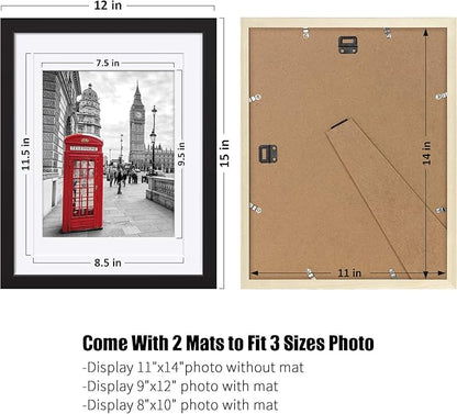 11x14 Picture Frames Black Solid Wood - Matted to Display Pictures 9x12 or 8x10 or 11x14 Frame without Mat - Wooden Photo Frame 11x14 inch Black with 2 Mats for Wall Mounting or Table Top, 2 Set
