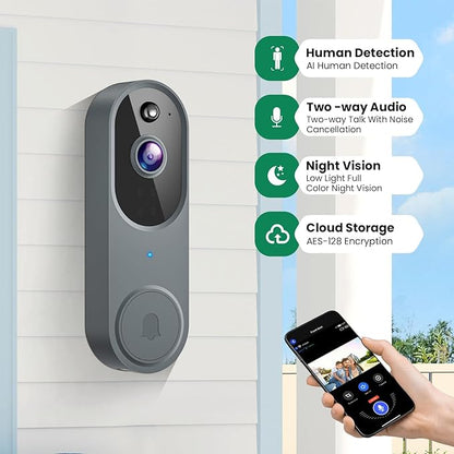 1080p Wireless Video Doorbell Camera, AI Human Detection, Live View, Night Vision, Cloud Storage, 2.4G WiFi, Battery Powered, Indoor Outdoor Surveillance (Includes Doorbell Receiver)