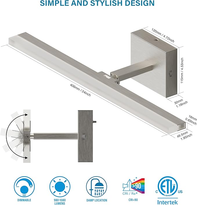 ZAGO 24 Inch Bathroom Vanity Light Fixtures Over Mirror - LED Modern Rotational Wall Mounted Adjustable Hardwired Picture Lighting Bar with 5CCT Switchable, ETL & Damp Rated, Brushed Nickel, 2-Pack