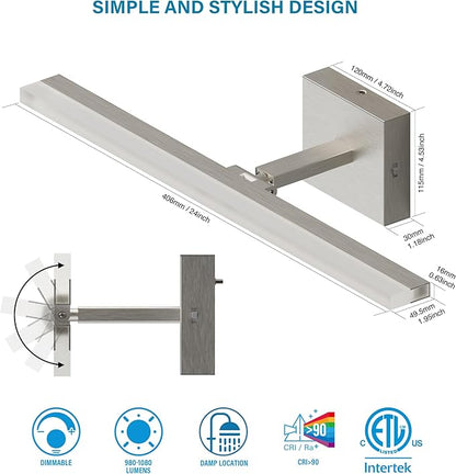 ZAGO 24 Inch Bathroom Vanity Light Fixtures Over Mirror - LED Modern Rotational Wall Mounted Adjustable Hardwired Picture Lighting Bar with 5CCT Switchable, ETL & Damp Rated, Brushed Nickel, 2-Pack