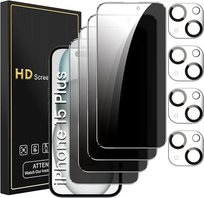 4 Pack Privacy Screen Protector for iPhone 15 Plus 6.7 Inch with 4 Pack Camera Lens Protector, Anti Spy Tempered Glass Film, Anti-Scratch, Touch Sensitive, Case Friendly