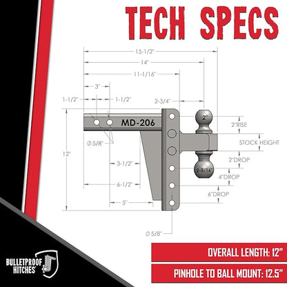 BulletProof Hitches - 2.0" Adjustable Medium Duty Trailer Hitch (14,000 lb. Rating) - 6" Drop/Rise Trailer Hitch with 2" & 2-5/16" Dual Ball - Powder Coat, Box Steel, Corrosion-Resistant