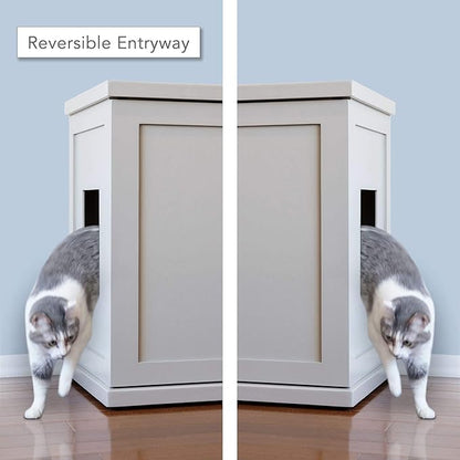 THE REFINED FELINE Cat Litter Box Enclosure Cabinet, Farmhouse, Smoke Gray, Round Feet, XLarge, Hidden Litter Cat Furniture with Drawer