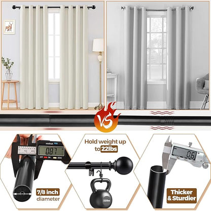 KAMANINA Curtain Rods for Windows 48 to 84 Inches, Black Curtain Rod 32 to 86 Inches (2.6-7.1ft), 7/8 Inch Decorative Drapery Rod with Round Finials