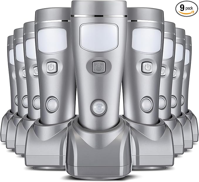 Enhon 9 Pack Rechargeable 4-in-1 LED Emergency Lights, Plug-in Flashlights with Motion Sensor Night Light, Auto-On Power Failure Light for Home, Hurricane, and Outage Supplies
