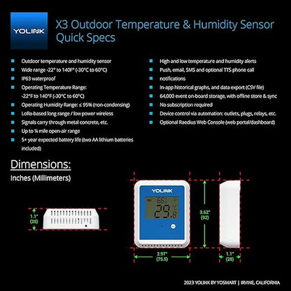 YoLink X3 Outdoor Temperature and Humidity Sensor with Data Logger, Thermometer, 1/4 Mile Range, 5+ Years Battery Life, Emails, Text, App Alerts, Alexa, IFTTT. Hub Required!