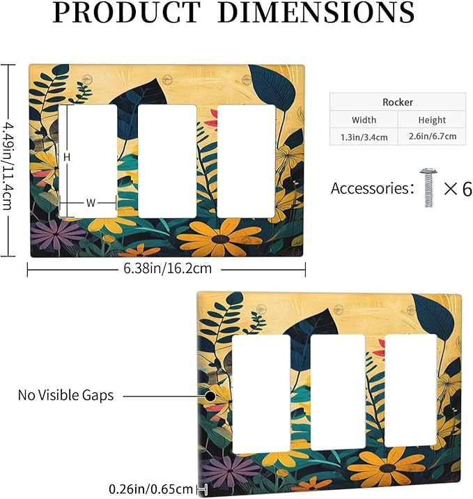 Abstract Minimalist Floral Botanical Boho Flower Triple Rocker Light Switch Covers 3 Gang Outlet Cover Wall Plates Decorative Switch Plates Electrical GFCI Faceplate Switchplate 4.49 X 6.38 IN