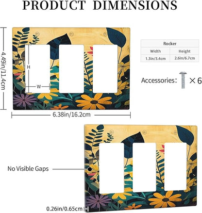 Abstract Minimalist Floral Botanical Boho Flower Triple Rocker Light Switch Covers 3 Gang Outlet Cover Wall Plates Decorative Switch Plates Electrical GFCI Faceplate Switchplate 4.49 X 6.38 IN