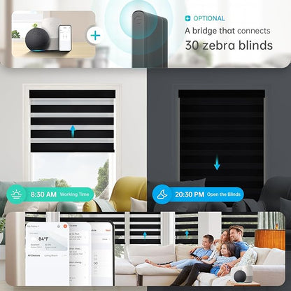 Motorized Zebra Blinds, Solar Powered Dual Layer Automatic Shades with Remote Control, Rechargeable Smart Blinds Horizontal Wireless Electric Shades for Windows, Custom Size, Black， 38 x 72