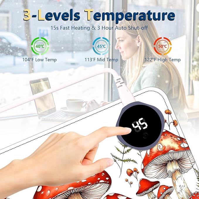Heated Mouse Pad with 3 Temperature Settings(104°F–122°F),Large 24x14.2 Inch PU Leather Heated Desk Mat,Waterproof Warming Pad for Office,Gaming & Cold Hands Relief,Red Mushroom