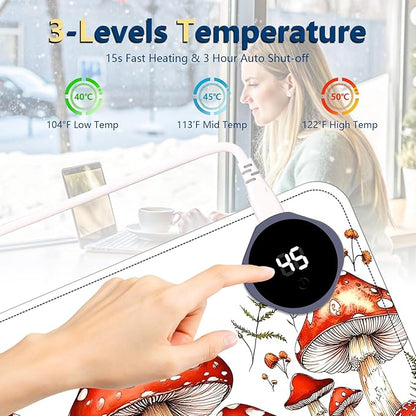 Heated Mouse Pad with 3 Temperature Settings(104°F–122°F),Large 24x14.2 Inch PU Leather Heated Desk Mat,Waterproof Warming Pad for Office,Gaming & Cold Hands Relief,Red Mushroom