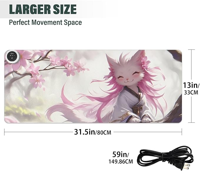 Large Heated Mouse Pad,Leather Desk Mat,31.5"x13",Hand Warmer Pads for Desk,Kitty(White Pink)