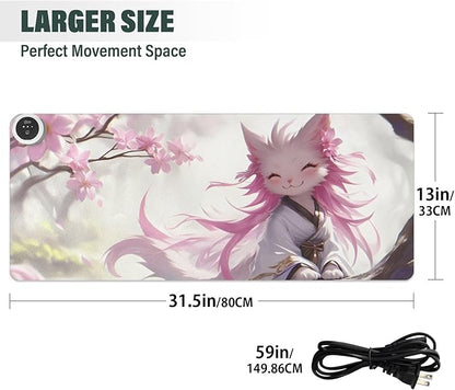 Large Heated Mouse Pad,Leather Desk Mat,31.5"x13",Hand Warmer Pads for Desk,Kitty(White Pink)