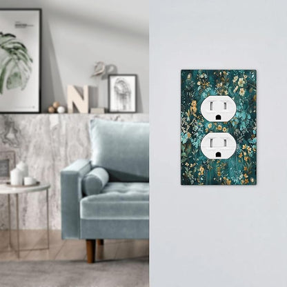 Outlet Covers Green Leaf Floral Boho Golden Flower Plant 1 Gang Duplex Light Switch Cover Decorative Switch Plates Electrical Receptacle Faceplate Wall Plate For Bed Room Cabin Decor