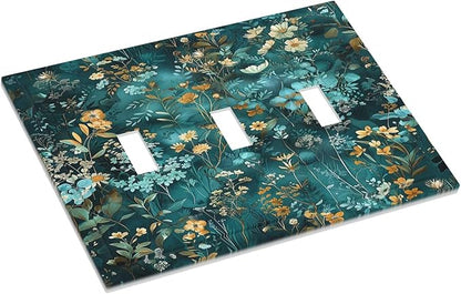 Decorative Switch Plates Green Leaf Floral Boho Golden Flower Plant 3 Gang Wall Plate Triple Toggle Light Switch Cover Faceplate Electrical Wall Panels For Bed Room Cabin Decor
