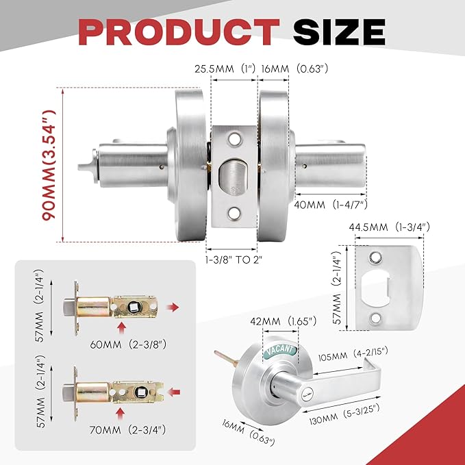Tandefio 1 Set Vacant Occupied Bathroom Lock, Commercial Door Handle with in-use or Vacancy Occupied Deadbolt, Privacy Indicator Restroom Handle Lock for Restrooms, Satin Chrome (90mm,Silver)