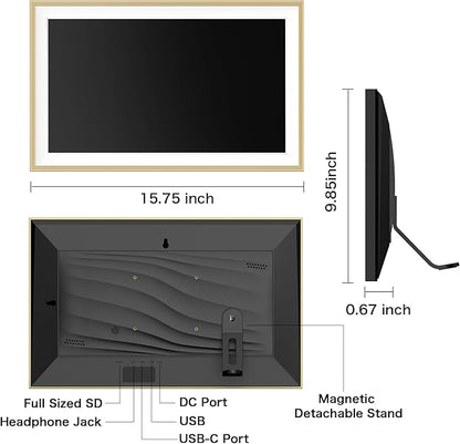 Digital Picture Frame, 15.6 inch Large Digital Photo Frame WiFi, 32GB Capacity, 1920 * 1080 IPS FHD Touch Screen, Electronic Frame Slideshow, Tabletop&Wall-Mounted, Gifts for Mom, Women, Golden