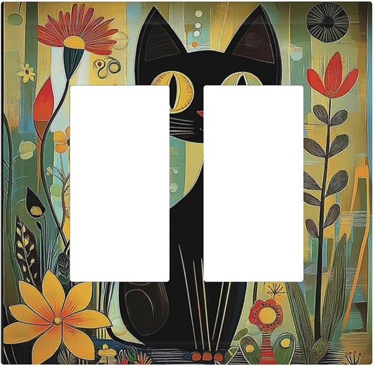Funny Cat Retro Abstract Flowers Kitten Decorative Outlet Covers 2 Gang Double Gfci Rocker Electrical Wall Panels Light Switch Cover Plate For Kids Room Bed Room Decor