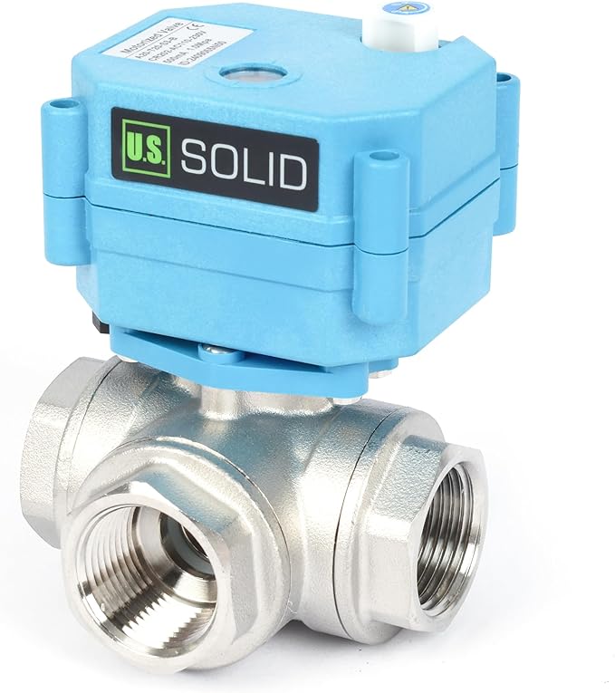 U.S. Solid 3/4" 3 Way Stainless Steel Motorized Ball Valve AC110-230V, L Type Water Shutoff Valve with Manual Function, Standard Port