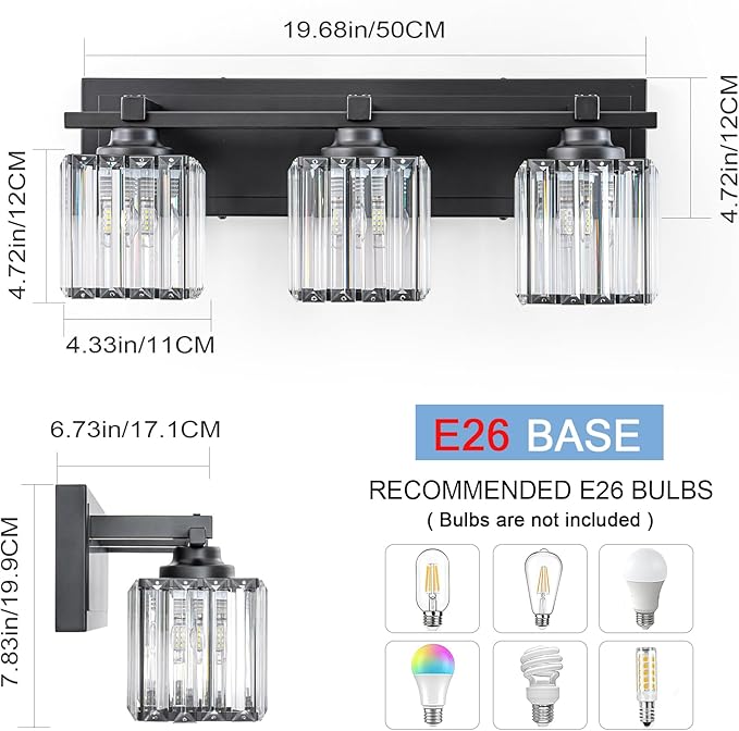 Crystal Bathroom Light Fixtures, 3 Light Black Vanity Lighting Over Mirror with Crystal Shades, Modern Bathroom Vanity Light for Restroom, Bath, Cabinet and Powder Room