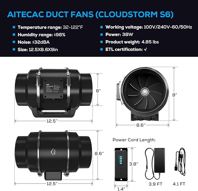 Inline Duct Fan 6 Inch Ventilation Exhaust Fan with Variable Speed Controller, 402 CFM Silent Grow Tent Fan for Heating Cooling Booster, Hydroponic