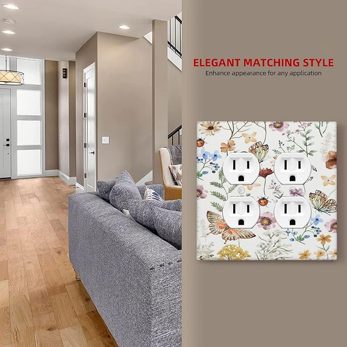 Decorative Outlet Covers Rustic White Butterfly Flowers Leaves 2 Gang Wall Plate Cover Double Duplex Receptacle Two Switch Light Switch Cover Plate Jumbo Dual Faceplate for Home Decor