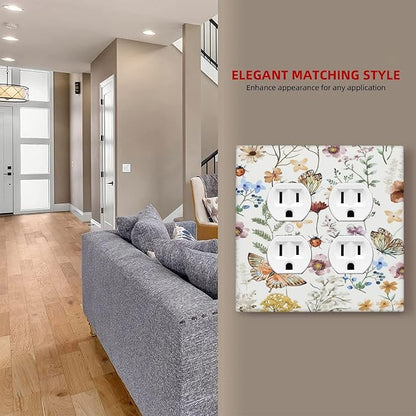 Decorative Outlet Covers Rustic White Butterfly Flowers Leaves 2 Gang Wall Plate Cover Double Duplex Receptacle Two Switch Light Switch Cover Plate Jumbo Dual Faceplate for Home Decor