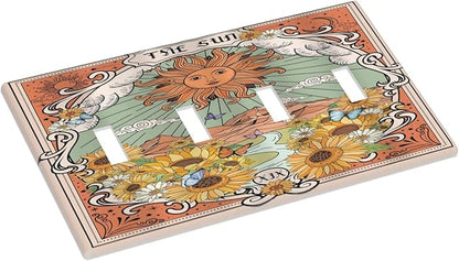 Boho Retro Sun Sunflower Vintage Flower Butterfly Light Switch Covers Quad Toggle Electrical Faceplate 4 Gang Wall Plate Decorative Switch Plates for Farmhouse Home Decor