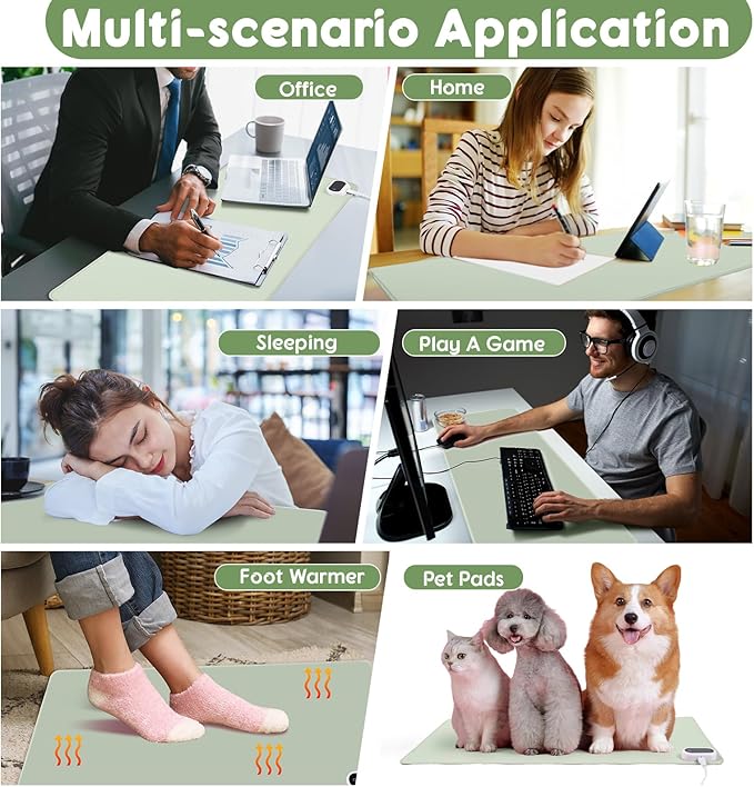 Konohan Heated Large Desk Mat PU Leather Warm Mouse Pad with 5 Heating Level & 4 Hour Auto Shut-Off Heating Keyboard Pad Warmer Gaming Mice Mat Only Supports 110v(Gray-Green Color,31.5" X 13")