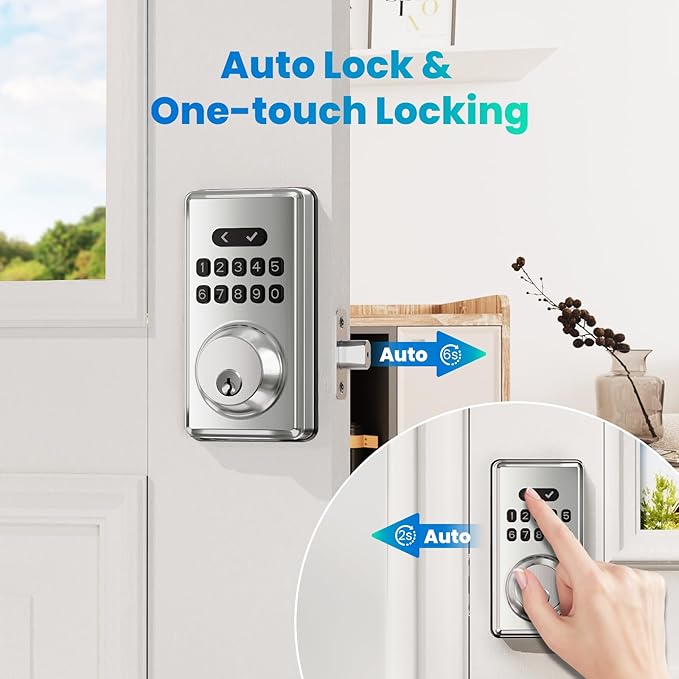 Keyless Entry Door Lock, Electronic Keypad Deadbolt for Front Door, Smart Locks with 6 Digital Code, Auto Lock, Anti-Peeking Password, Easy Installation, Silver