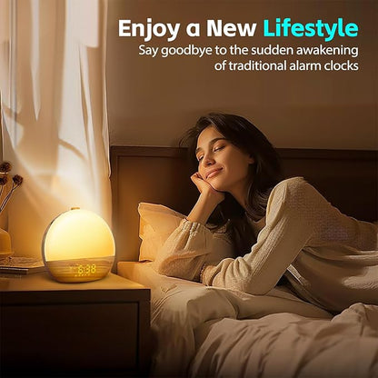 Wood Grain White Noise Sound Machine Sunrise Alarm Clock with 25 Soothing Sounds, 17 Dimmable Night Lights, Bluetooth Speaker Wake Up Light alarm clocks for bedrooms, Heavy Sleepers, Baby, Kids
