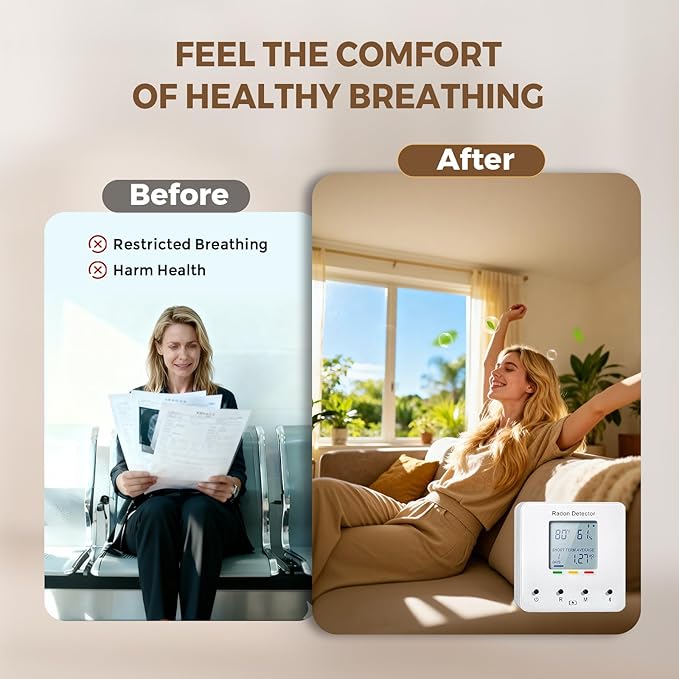Bluetooth Radon Detector for Home, Portable Radon Tester with Real Time Gas Concentration, Temp & Humidity Monitoring, App Alerts, Detect Hidden Risks and Breathe with Confidence