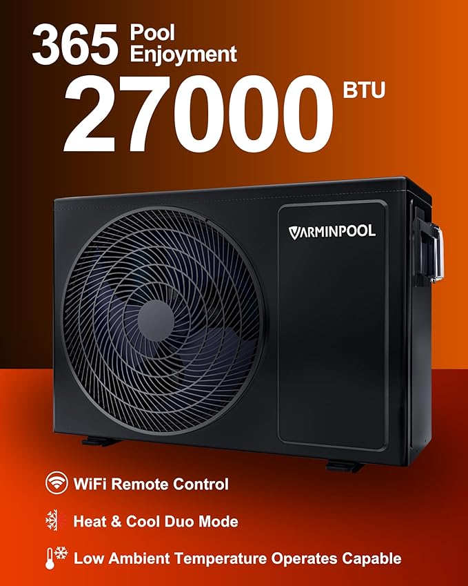 Electric Pool Heat Pump for 7000 Gallons in and Above Ground Swimming Pool, 27000 BTU Pool Heater, WiFi Remote Control & Schedule, Titanium Heat Exchanger, 120V, Energy Efficient