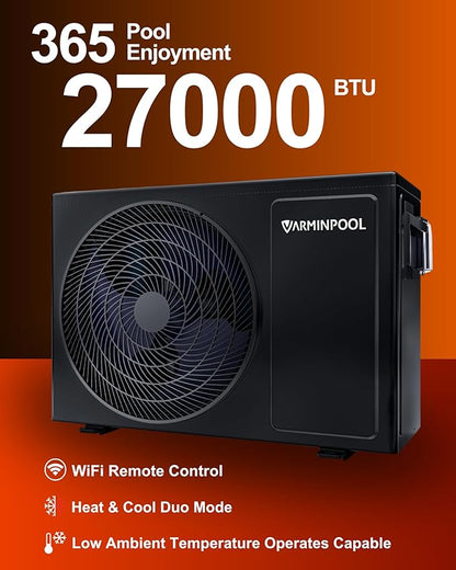 Electric Pool Heat Pump for 7000 Gallons in and Above Ground Swimming Pool, 27000 BTU Pool Heater, WiFi Remote Control & Schedule, Titanium Heat Exchanger, 120V, Energy Efficient