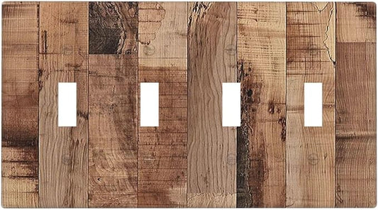 Light Switch Covers Rustic Brown Wood Grain Quad Toggle Electrical Faceplate 4 Gang Wall Plate Decorative Switch Plates for Farmhouse Kitchen Decor
