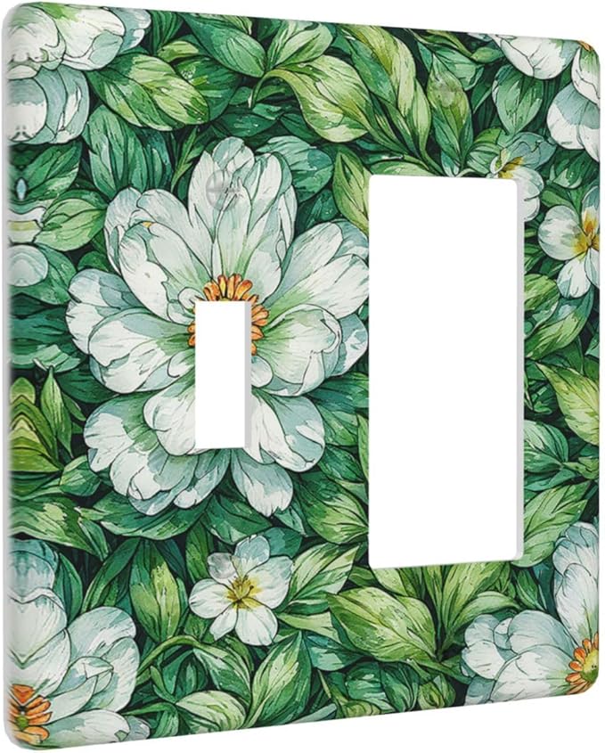 Vintage Floral White Flowers Green Plants Leaves Outlet Covers 1 Toggle 1 Rocker Combination Light Switch Cover Plate Decorative Wall Plate Electrical Switch Plates for Bedroom Bathroom