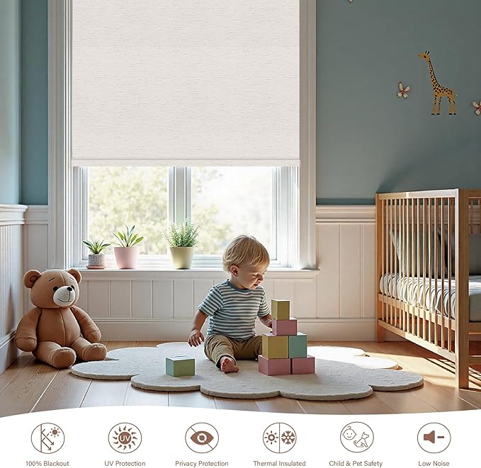 Motorized Roller Blinds with Remote, 100% Blackout Automatic Roller Shades for Bedroom, Bathroom, and Living Room, Customized Size, Lake Ripple Beige