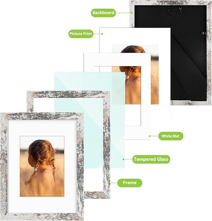 Golden State Art, 9x12 Picture Frame with Mat for 6x8 - High Definition Glass Wall Mounting Horizontal Vertical Display (Weathered White, 1 Pack)