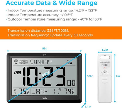 Wall Clock Atomic with Indoor Outdoor Temperature Battery Powered, Easy Reading with 10.5 Inch Large LCD Display, 330FT Range Table Wall Clock with DST, 12/24 Hour for Living Room Kitchen (Black)