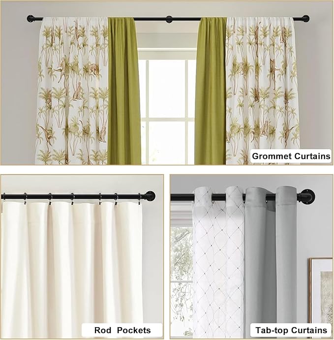 Black Curtain Rods 18 to 144 Inch, Industrial Curtain Rods,Adjustable Length,1 in Diameter Pipe,Wall or Ceiling Mounted,for Bedroom and Living Room(Black 18” to 144”)