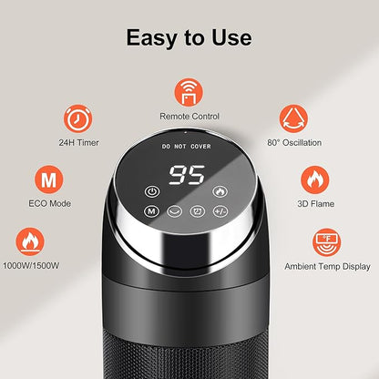 Space Heaters for Large Room, 38IN Electric Heater with Thermostat, 1500W Portable Space Heater with 80°Oscillation, 24H Timer Bedroom Heater, Remote Control, Tip-over & Overheat Protection Indoor Use