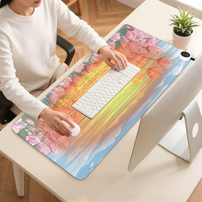 Heated Desk Pad Mouse Pad 31.5x13 Inch PU Leather Desk Mat with 3 Heat Levels Large Mouse Gaming Computer Laptop Mat Pink Tulip Field and Blue Sky